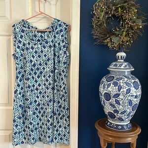 Women’s Barbara Erickson Resort Ruffle Blue & White Geometric Print Shift Dress